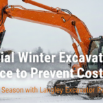 a title card of an excavator in winter with everything around it covered in snow