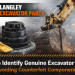 title card for genuine excavator parts with and excavator in the background and a Rotec Bearing and final drive in the foreground.