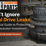Blog title card showing excavator final drive component with leak warning and Langley Excavator Parts branding.