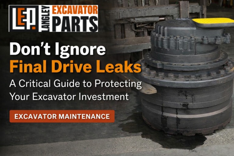 Blog title card showing excavator final drive component with leak warning and Langley Excavator Parts branding.