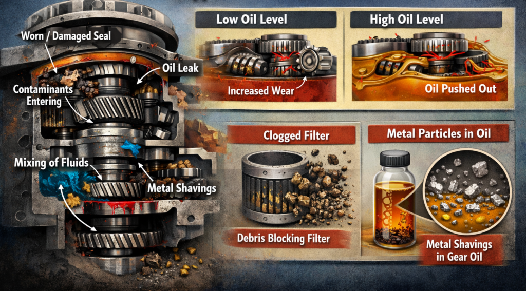 Infographic showing seal failure effects in drives, including oil leaks, wear, clogged filters, metal shavings.