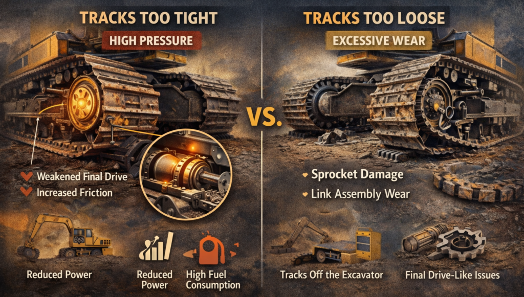 Infographic comparing tight versus loose excavator track tension and their damaging effects on final drives.