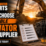 A wide, high-resolution blog title card featuring a construction site at sunset with a large excavator in the background. In the foreground, various excavator parts—including a hydraulic component and gears—are displayed on a wooden surface beside a checklist clipboard, symbolizing careful selection and reliability. The Langley Excavator Parts logo appears prominently in the top left, with bold orange, black, and white text reading “How to Choose a Reliable Excavator Parts Supplier.” A clear call-to-action, “Contact Us Today!”, is included, all styled in strong industrial branding colors.