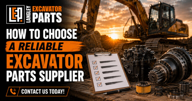 A wide, high-resolution blog title card featuring a construction site at sunset with a large excavator in the background. In the foreground, various excavator parts—including a hydraulic component and gears—are displayed on a wooden surface beside a checklist clipboard, symbolizing careful selection and reliability. The Langley Excavator Parts logo appears prominently in the top left, with bold orange, black, and white text reading “How to Choose a Reliable Excavator Parts Supplier.” A clear call-to-action, “Contact Us Today!”, is included, all styled in strong industrial branding colors.
