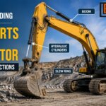 Excavator with labelled parts