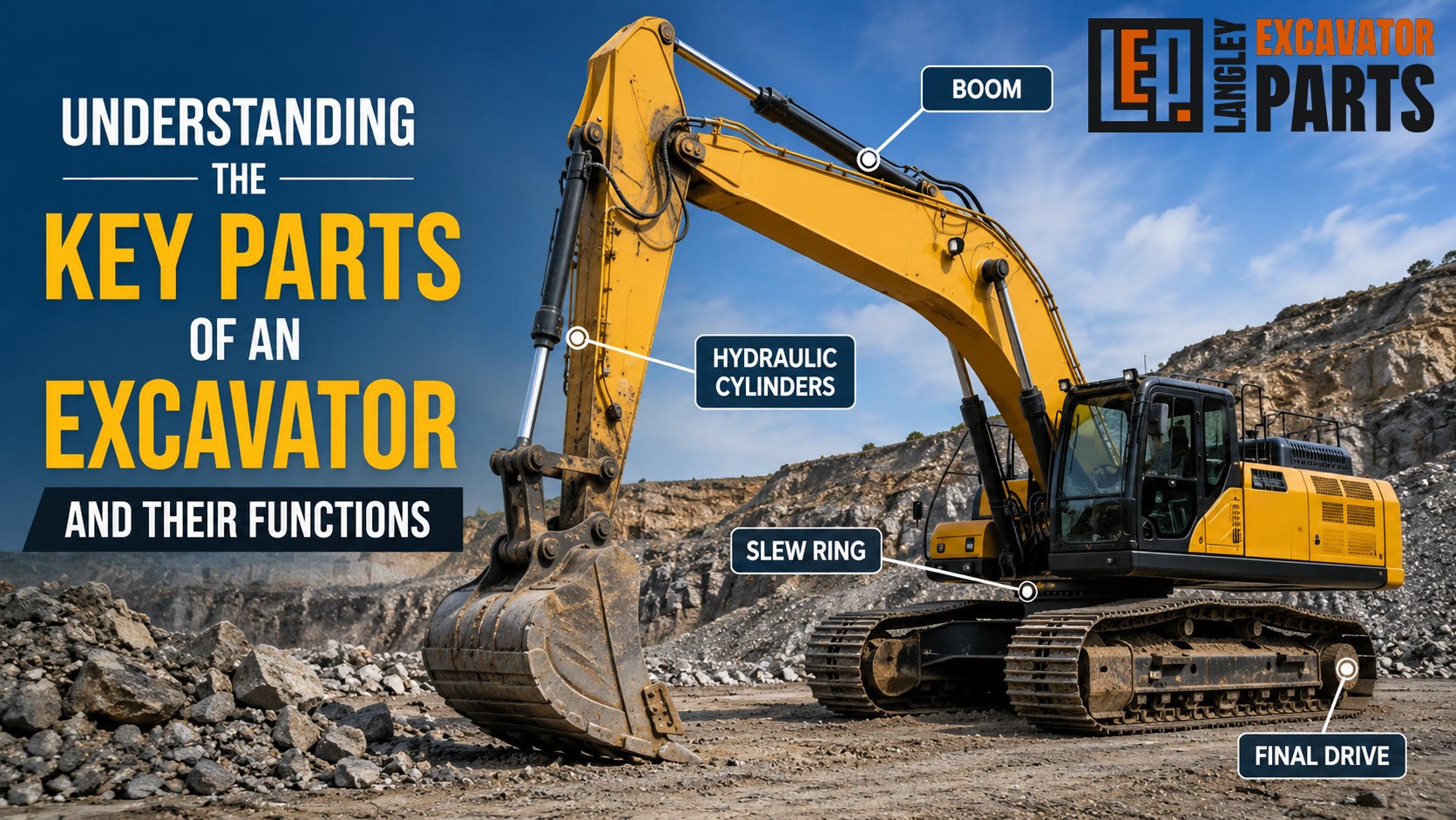 Excavator with labelled parts