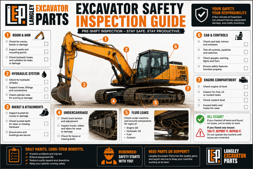 Infographic: Excavator Safety Inspection Visual
A pre-shift safety inspection guide in a visual format. Show operators where to check for fluid leaks, structural damage, worn bucket teeth, undercarriage condition, and cab control function. A laminated version suitable for cab mounting would be especially practical.