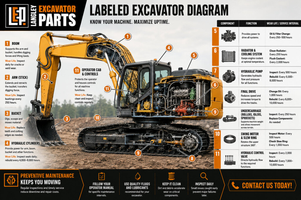 Labeled Excavator Diagram - A full-color cutaway illustration of an excavator with numbered callouts pointing to all major components discussed in this article. Include the component name, its function in one sentence, and a note about its wear life or service interval.
