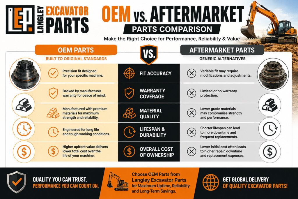 an infographic: OEM vs. Aftermarket Parts Comparison - A side-by-side comparison chart contrasting OEM excavator parts with generic aftermarket alternatives. Categories might include fit accuracy, warranty coverage, material quality, lifespan, and overall cost of ownership. This visual helps reinforce the value of sourcing from trusted suppliers.